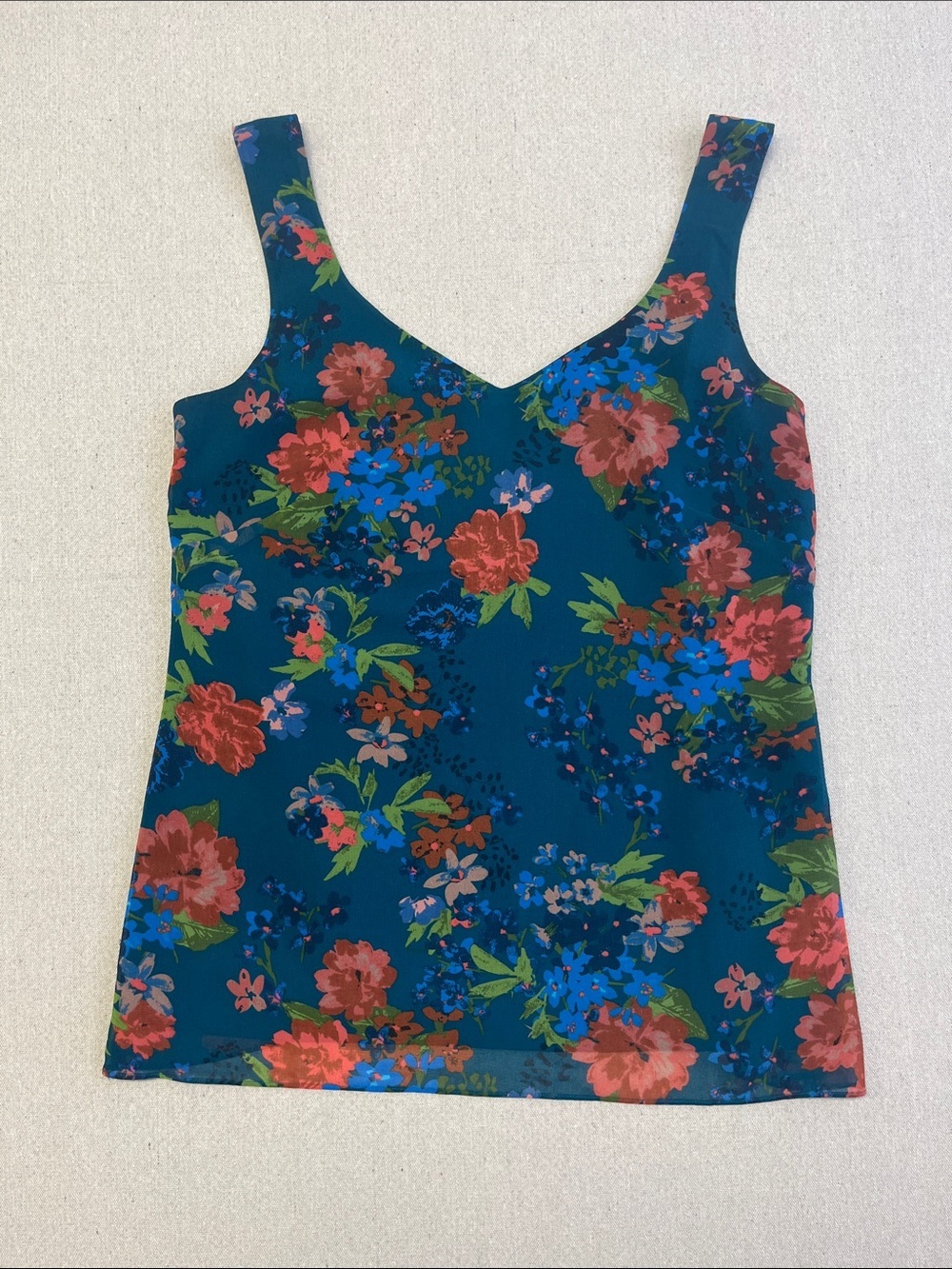 CAbi Teal Floral V-Neck Camisole with Red and Blue Blooms